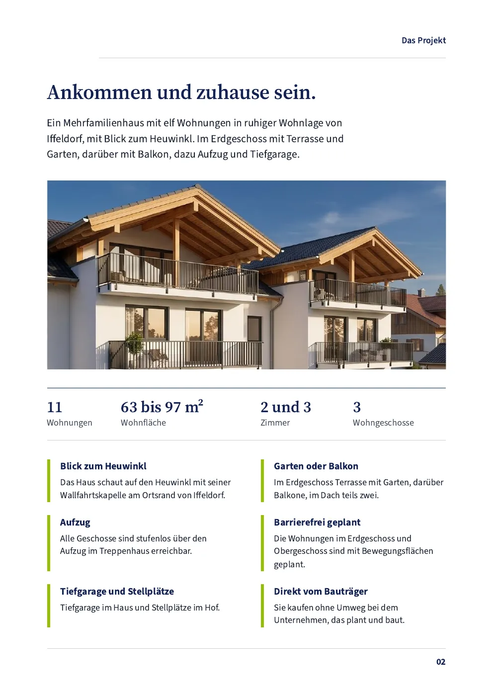 Exposéseite mit Projektbeschreibung und Außenansicht