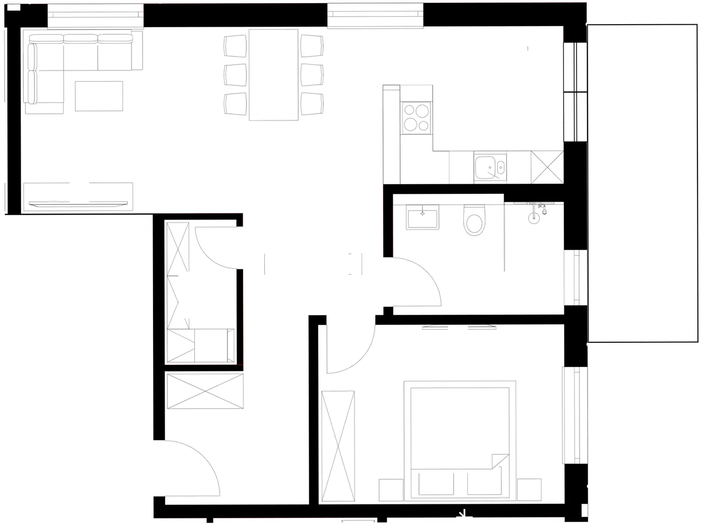 Grundriss einer Zweizimmerwohnung: Architektenplan und möblierter Grundriss im Stil Japandi, vorher