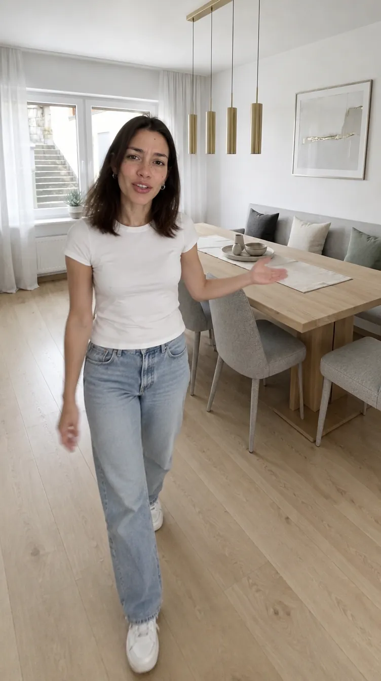 Eine Frau läuft in ein visualisiertes Esszimmer und zeigt auf den Tisch