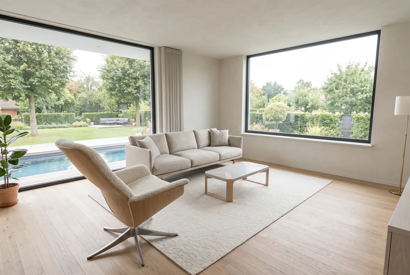 Wohnraum mit Sofa und Blick in den Garten, Visualisierung