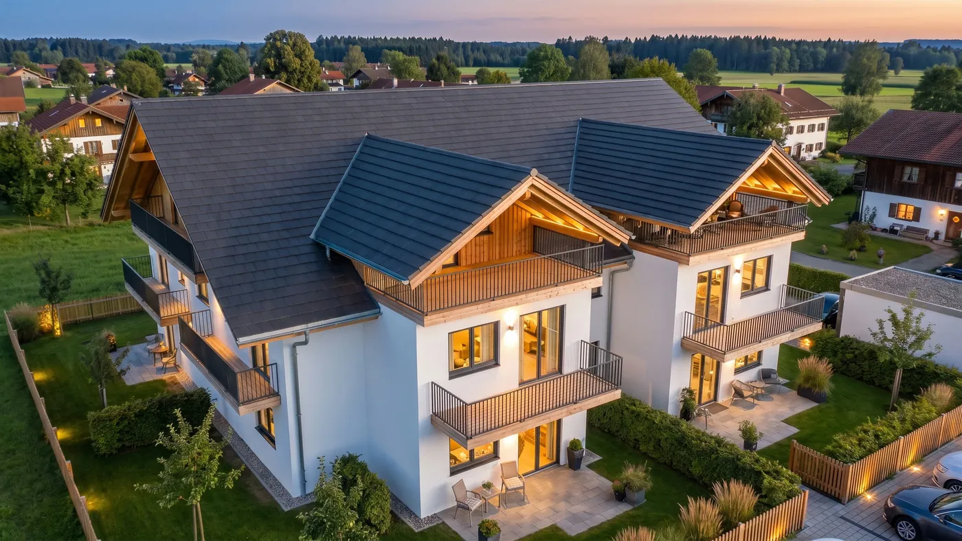 Mehrfamilienhaus von der Gartenseite, Abendansicht