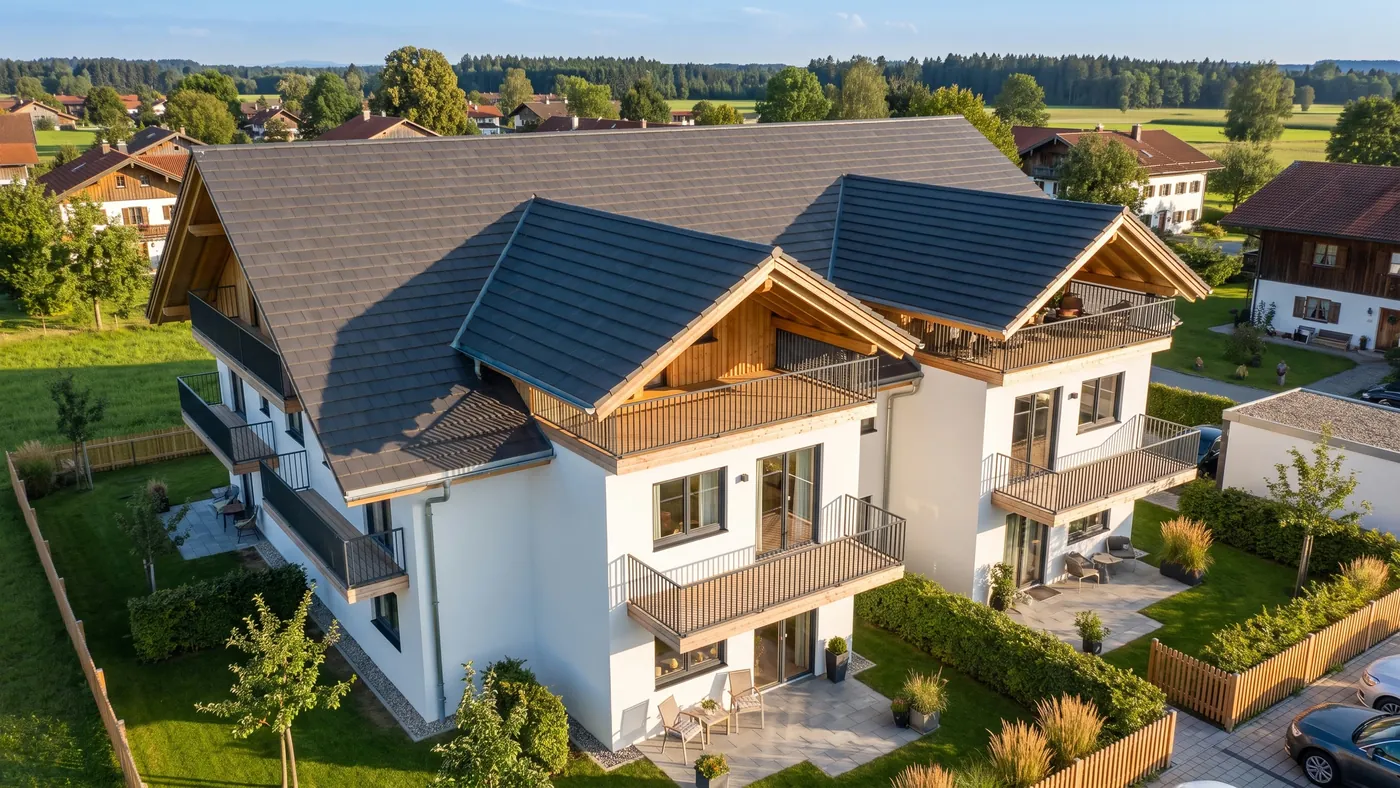 Mehrfamilienhaus von der Gartenseite, Tagansicht