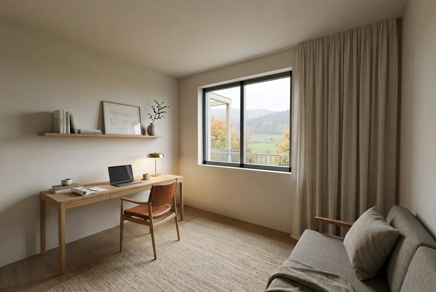 Visualisierung eines Arbeitszimmers mit Ausblick