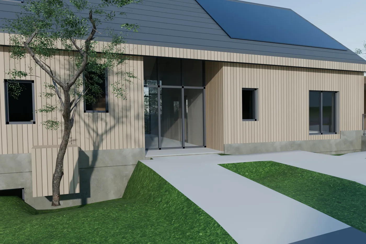 3D-Planungsmodell eines Holzhauses mit Eingang