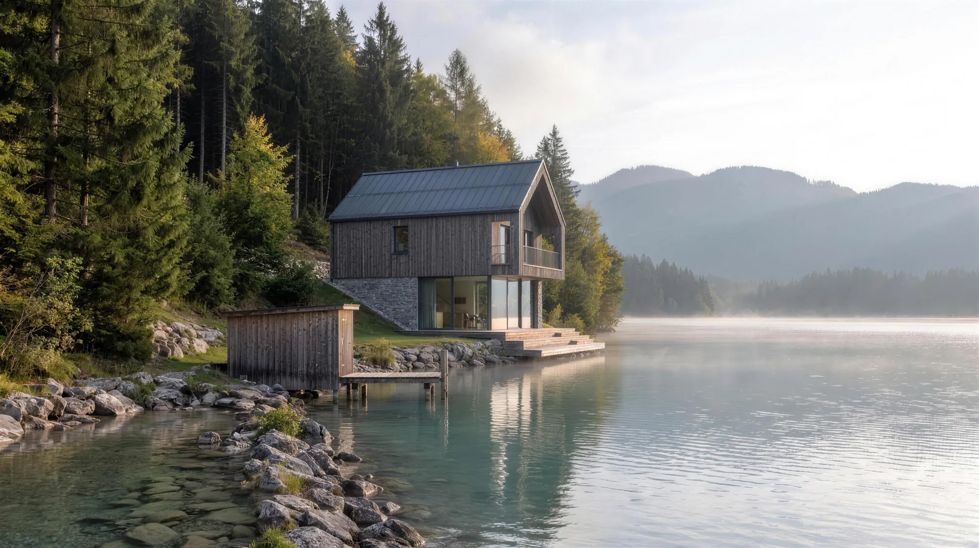 Holzhaus mit Satteldach am Ufer eines Bergsees im Morgennebel, Visualisierung