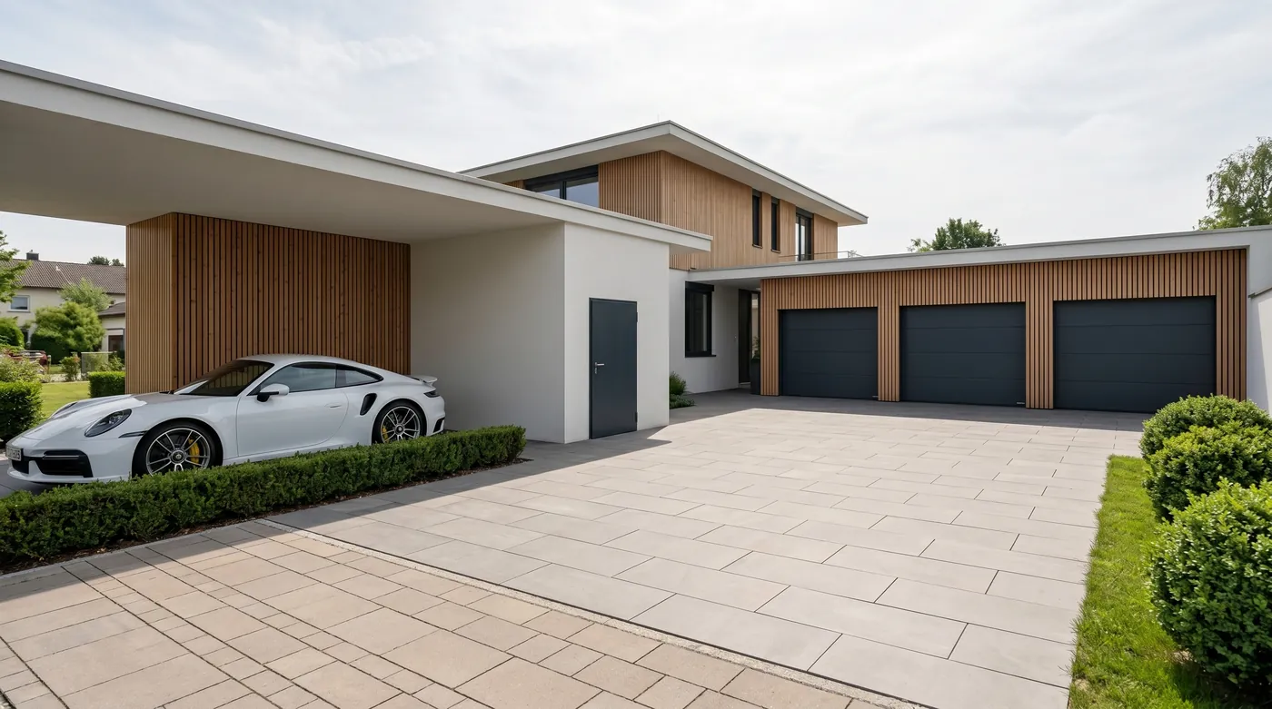 Visualisierung einer Einfahrt mit Garagen und Holzfassade