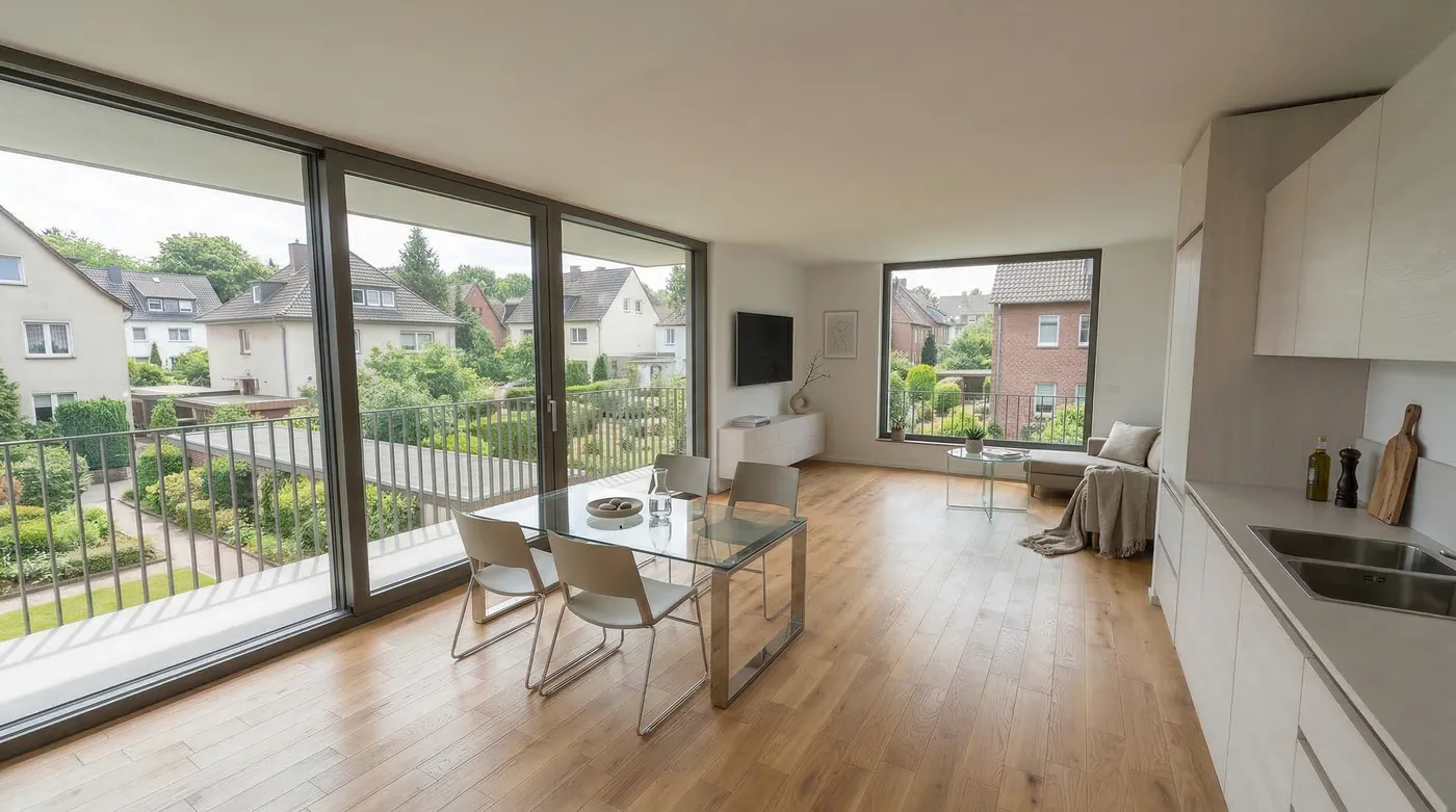 Innenvisualisierung einer Wohnung mit Essplatz und Blick in den Garten