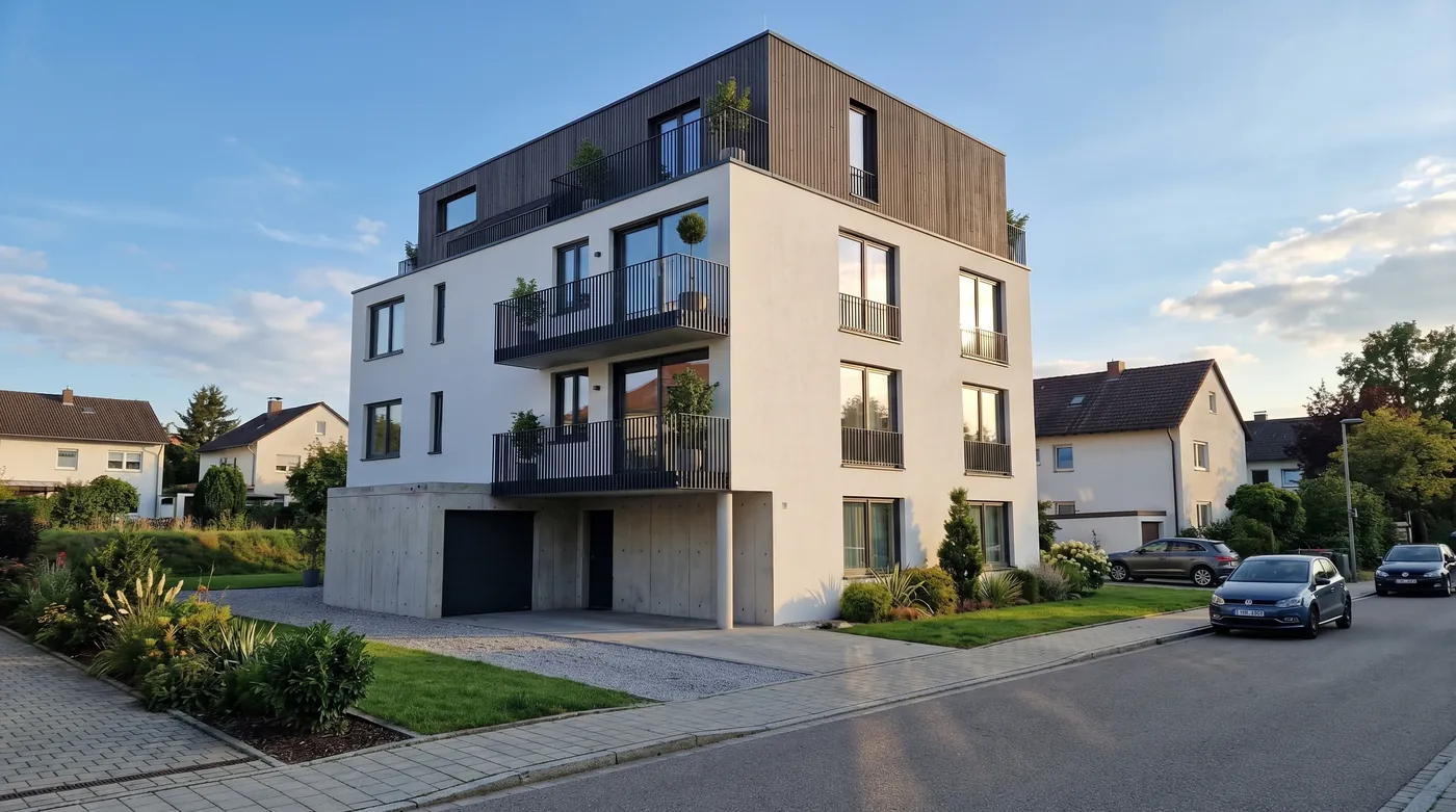 Außenvisualisierung eines Mehrfamilienhauses mit Holzfassade in der Abendsonne