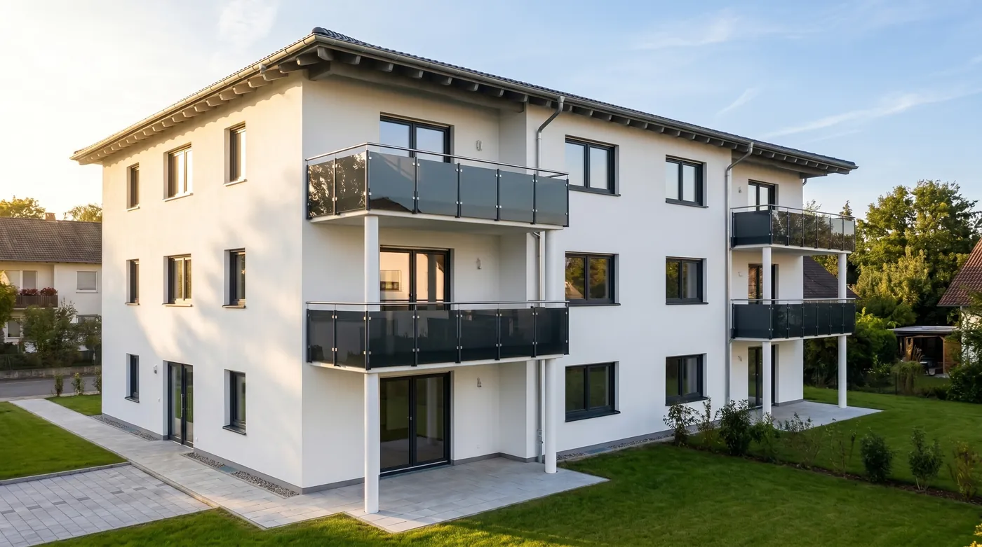 Visualisierung eines Mehrfamilienhauses mit Balkonen und Garten