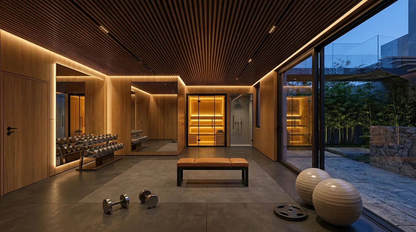Innenvisualisierung eines Fitnessraums mit Sauna und Holzdecke