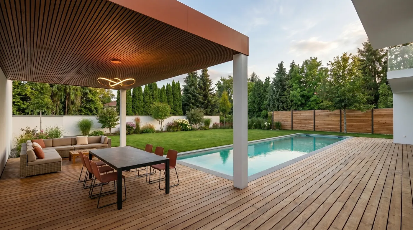 Visualisierung einer überdachten Terrasse mit Pool und Holzdeck